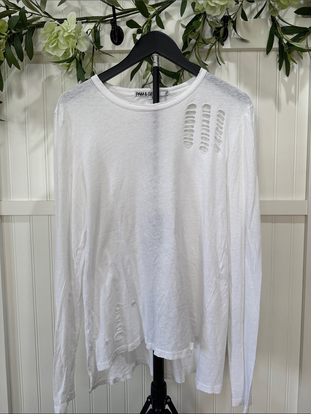 #388 PAM & GELA White Distressed Long Sleeve Shirt